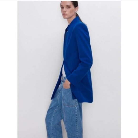 Zara Royal Blue Inverted Lapel Long Blazer Size Small - Picture 3 of 15